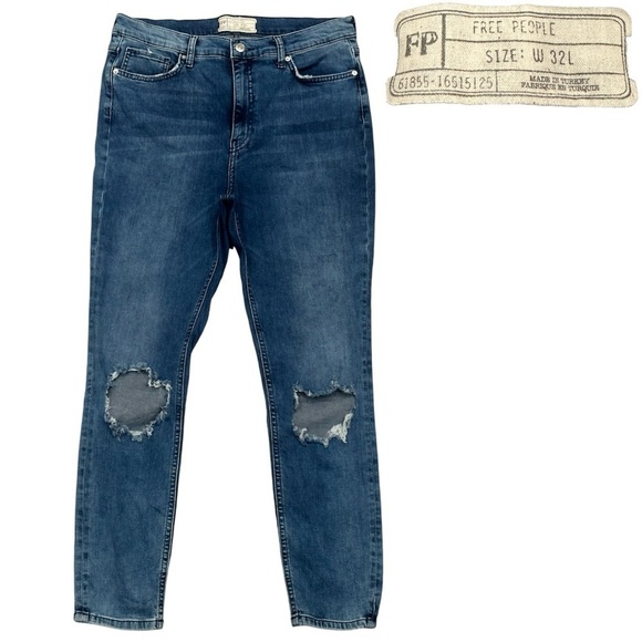 Free People Pants - FREE PEOPLE Womens Jeans Turquoise Skinny Ripped Distressed Knee Denim Sz 32 L